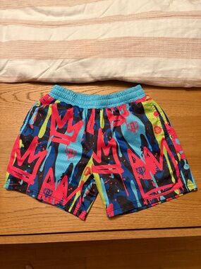 Kids Neon Graffiti Athletic Shorts - Blue/Pink/Green